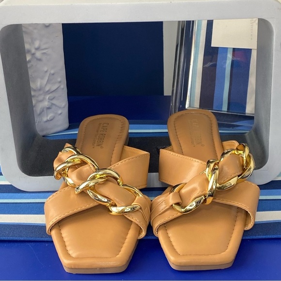 Nude cognac square toe cross cross gold chain hardware flat slide sandals - Picture 11 of 11